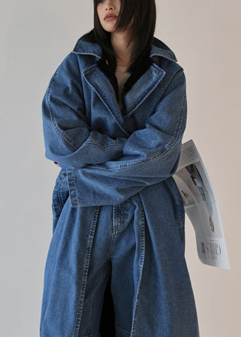 French Blue Oversized Beidseitig tragbarer Denim-Trenchcoat für den Herbst 