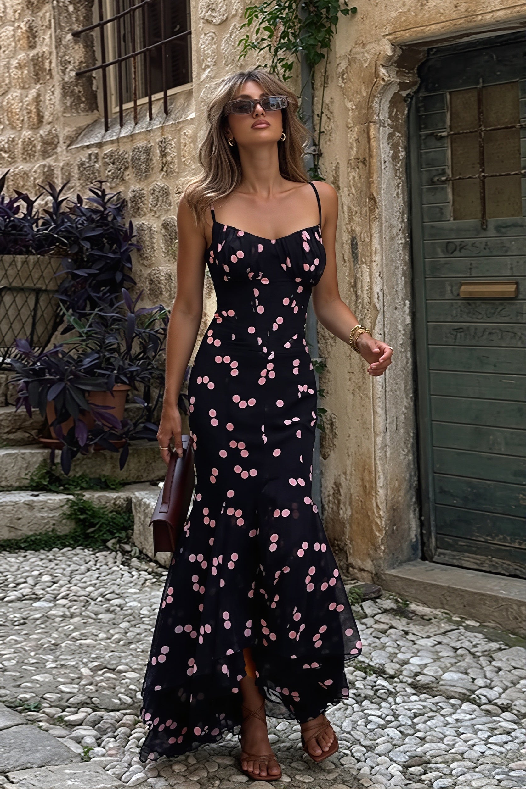 Floral Print Spaghetti Strap Split Mermaid Maxi Dress