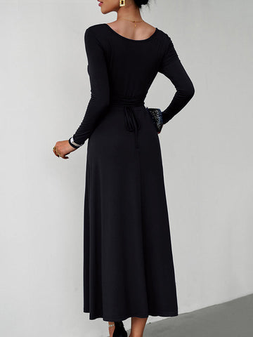 Vestidos midi de corte A, cintura alta, color liso, cintura anudada y cuello en U 