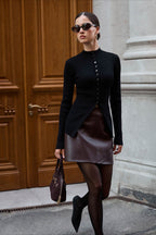 Single-Breasted Rib-Knit Slim Long Sleeve Blouse
