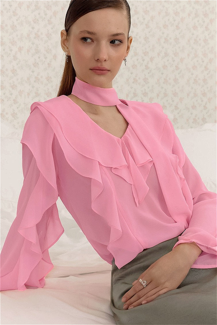 Elegant Solid Chiffon Ruffled Tie Blouse