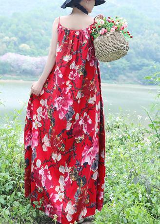 Vestidos largos de verano sin mangas, 100 % lino rojo con estampado floral 