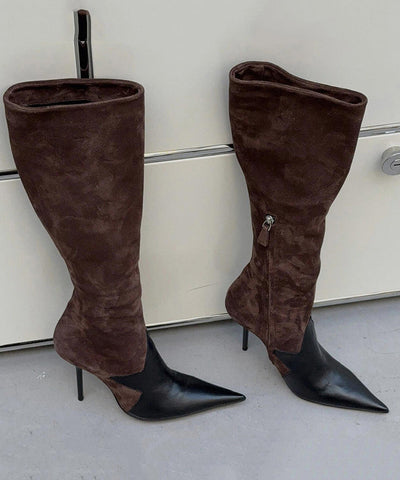 Botas marrones de tacón de aguja de ante hechas a mano con empalme de punta puntiaguda 