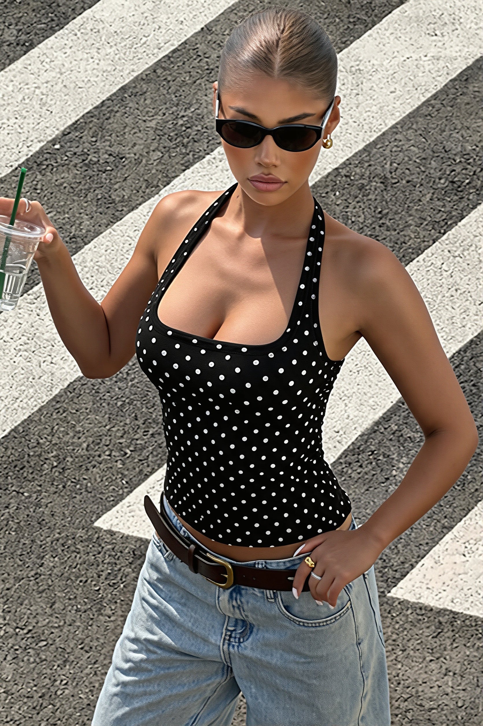 Polka Dot Backless Halter Tank Top