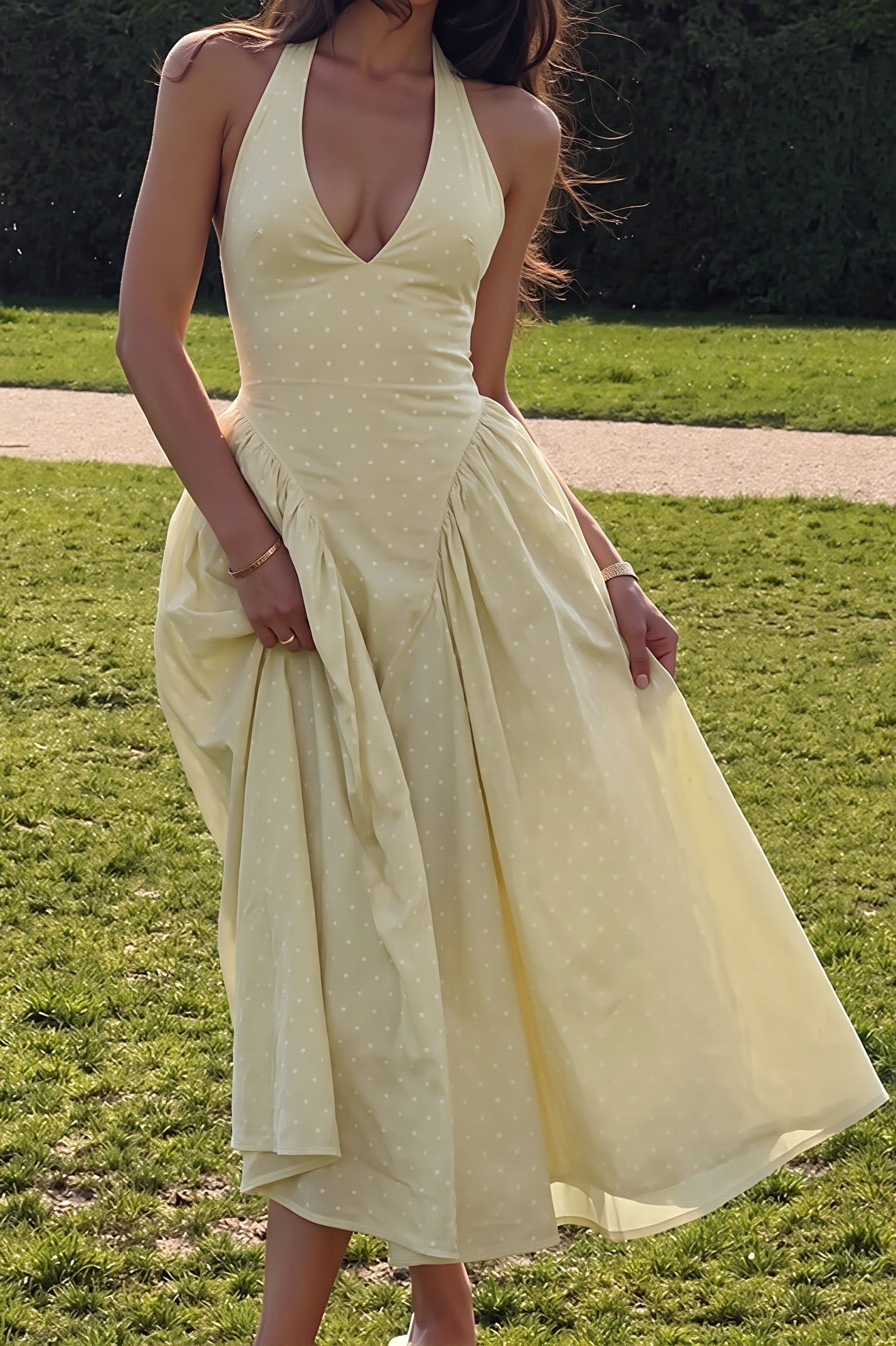 Sexy Polka Dot Halter Deep V High Rise Maxi Dress