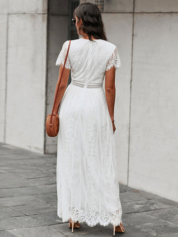 V-Neck Maxi Dress Short Sleeves Casual Long Dress