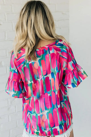 chic rose abstract brushwork v neck blouse