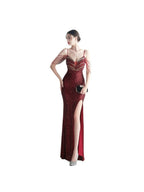 Fashion red carpet formal settings bead chain suspender long evening dress
