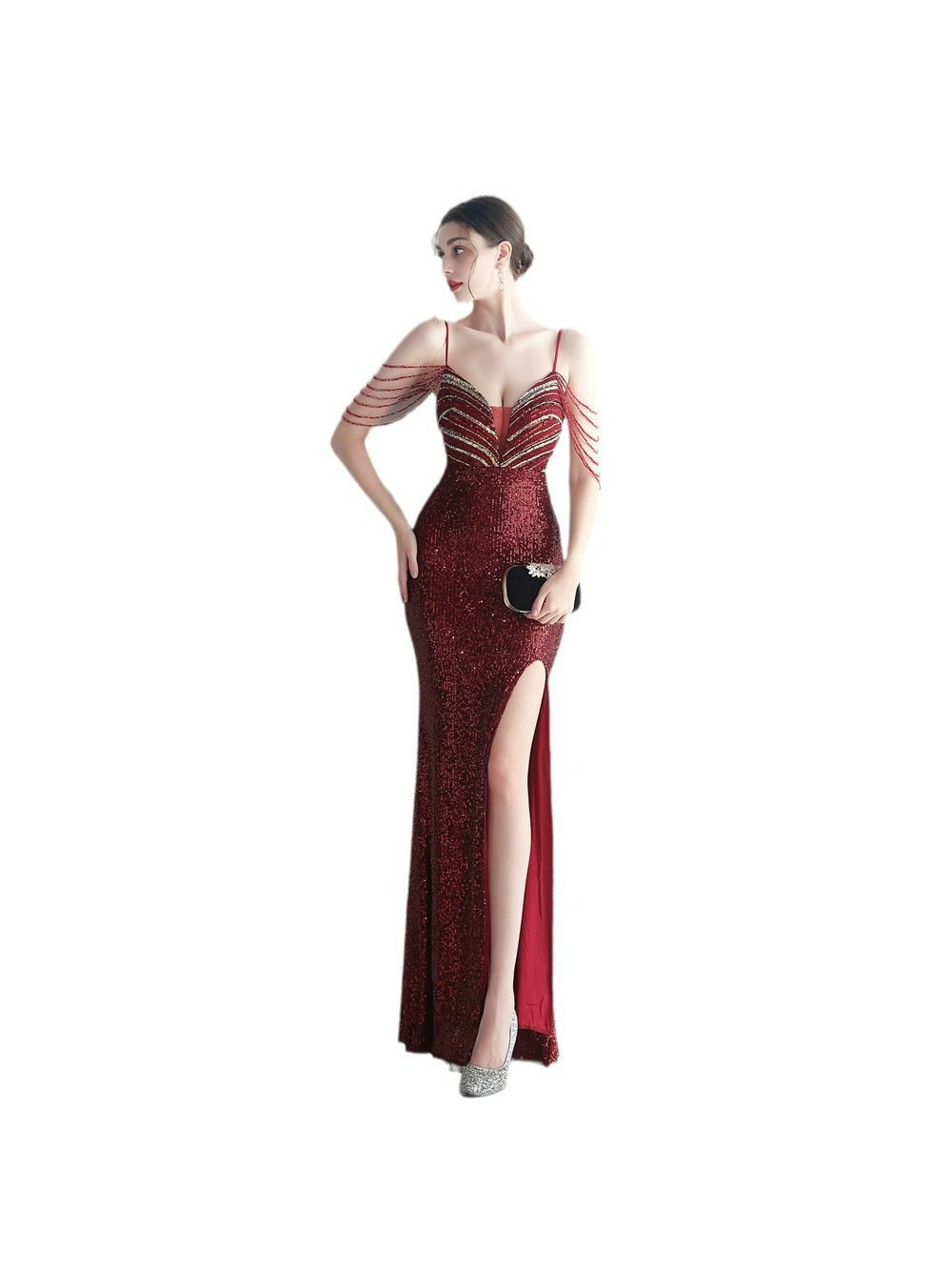 Fashion red carpet formal settings bead chain suspender long evening dress