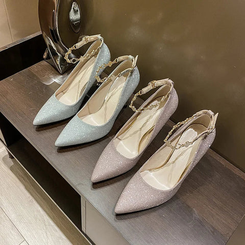 Silber gerade linie schnalle Französisch high heels modische dünne absätze spitz einzelnen schuhe braut brautjungfern hochzeit schuhe frauen 