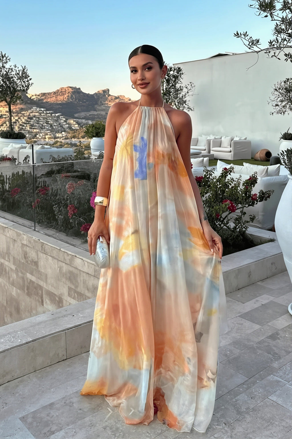 Chiffon Printed Halter Backless Maxi Dress
