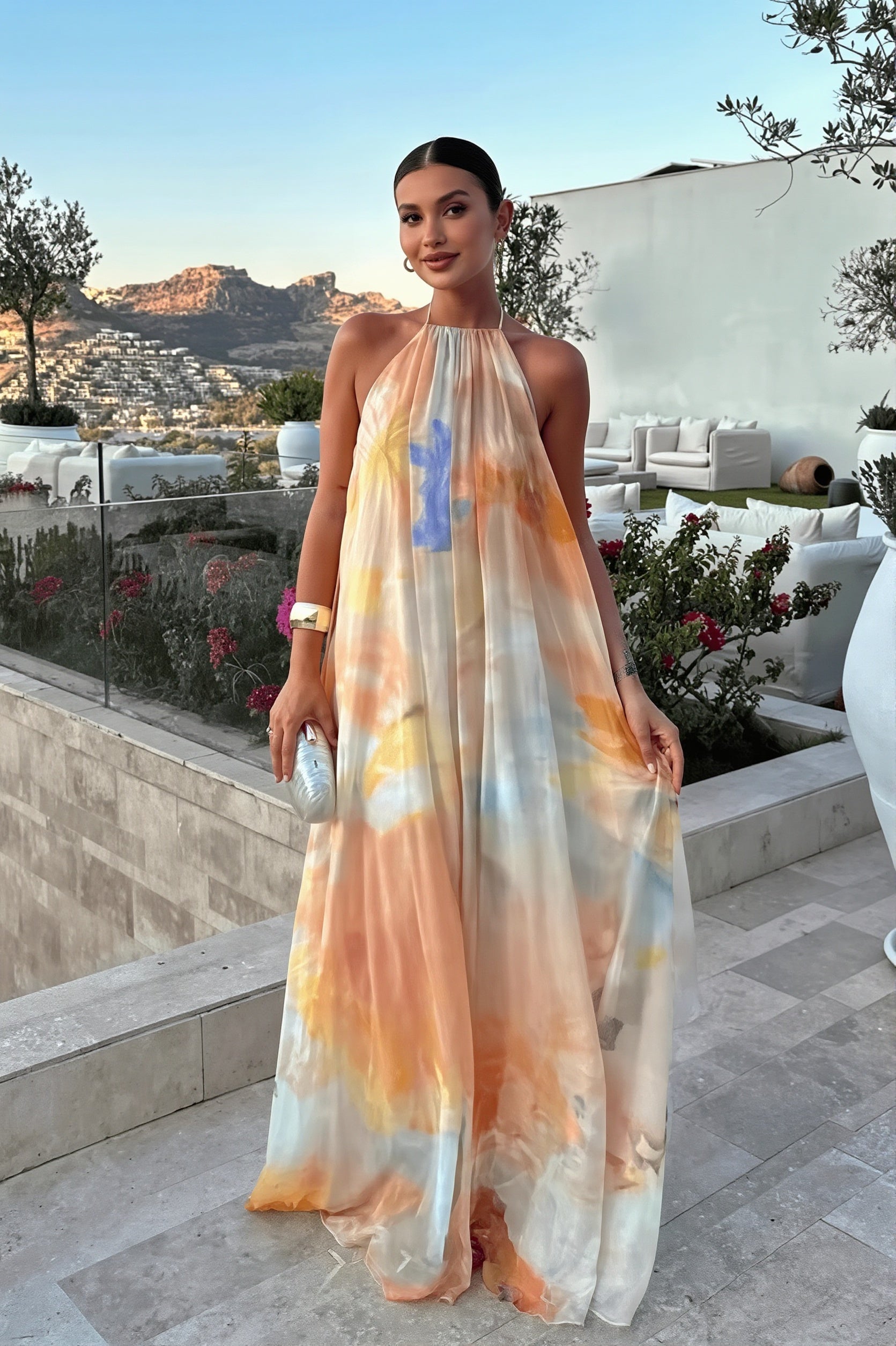 Chiffon Printed Halter Backless Maxi Dress