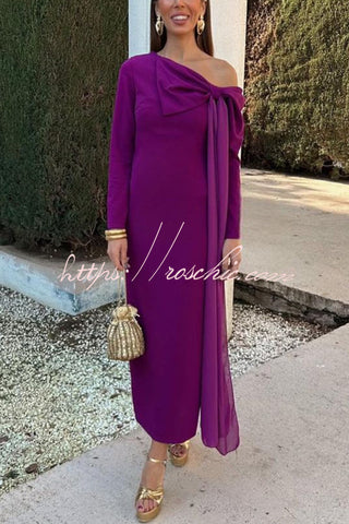Vanessa Solid Color Long Sleeve Slim Fit Oversized Bow Tie Maxi Dress