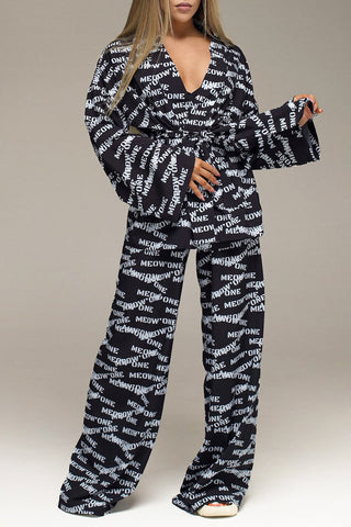 Cárdigan informal de dos piezas con estampado de letras y cuello frenillo, manga larga 