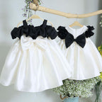 Elegante vestido de princesa con lazo en contraste de color blanco y negro para niñas pequeñas, vestido de comunión para niñas pequeñas 