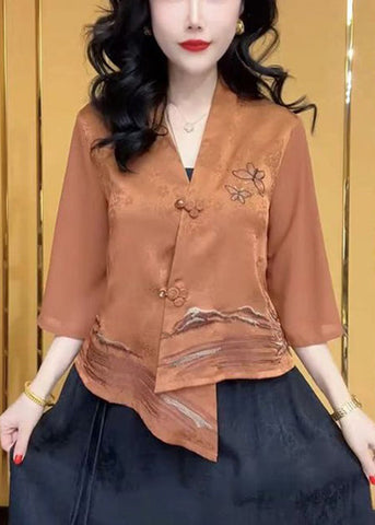 Camisas de seda con botones y cuello en V verde chic con mangas de pulsera 