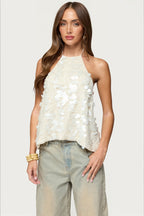 Ruffle Sequin Tie Backless Halter Top