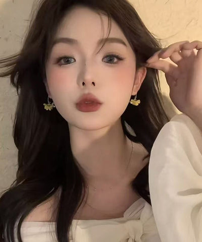 Cute Yellow Copper Acrylic Pearl Floral Hoop Earrings