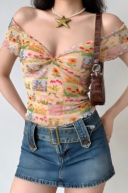 Floral Mesh Slim V Neck Tube Blouse