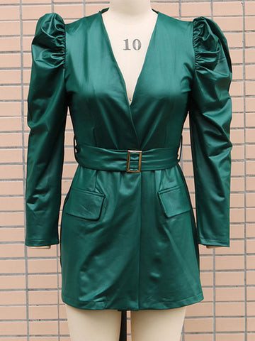 Mini Dresses Burgundy Long Sleeves Sash PU Leather Short Dress