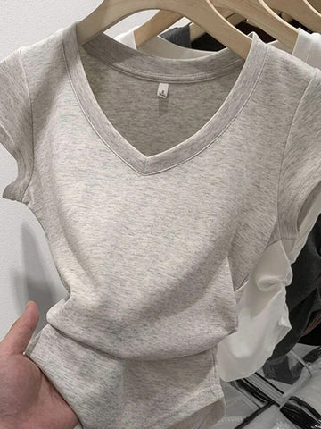 Nueva camiseta sexy de verano para mujer, camiseta elástica, ropa de estilo coreano para mujer, camiseta ajustada, camisetas de manga corta ajustadas para mujer 