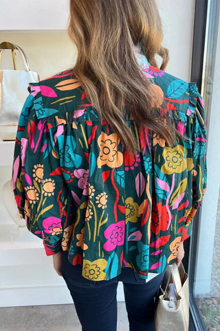 Blusa con mangas abullonadas y estampado floral verde vibrante 