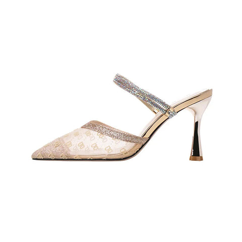 Sandalias de mujer nuevas de tacón fino y puntiagudo, de malla, con tiras de una sola línea y tacón medio abierto. 
