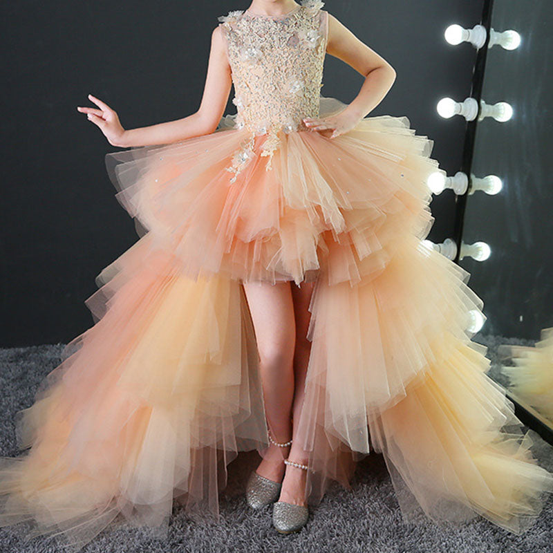 Sommer-Kommunionkleid für Mädchen, ärmellos, Paillettenstickerei, Schleppe, Prinzessinnenkleid 