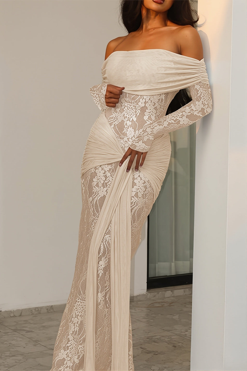 Chic Lace Trim Off Shoulder Long Sleeve Wrap Maxi Dress