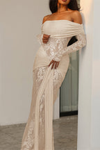 Chic Lace Trim Off Shoulder Long Sleeve Wrap Maxi Dress