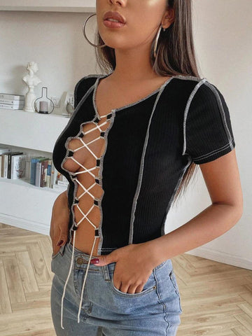 vintage Patchwork Broken Design Mesh Crop Top For Women Street Bandage Wear Tees Punk Style Long Sleeve T-shirt Female clothes
