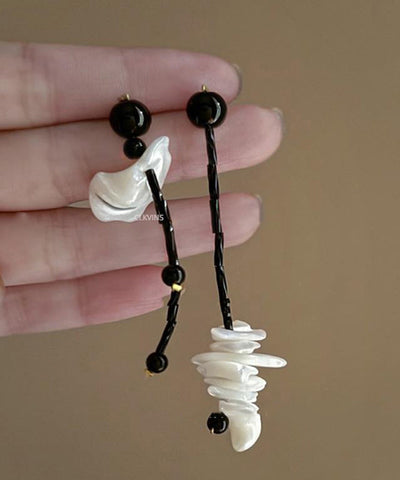 Chic Black Alloy Shell Asymmetrical Tassel Drop Earrings