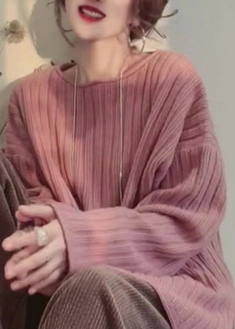 Lässige gemütliche rosa O-Ausschnitt Patchwork gestrickte Tops Frühling 