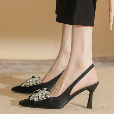Sandalias de verano con tacones altos puntiagudos para mujer, estilo francés, con lazo de diamante y tacón delgado y vacío, sexys, de 7 cm 