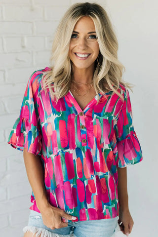chic rose abstract brushwork v neck blouse
