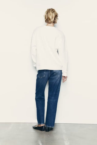 Suéter holgado de algodón con estampado bordado para niña, color blanco otoñal 