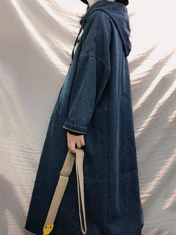 Vestido midi vintage de mezclilla suelta con capucha y cordón ajustable 