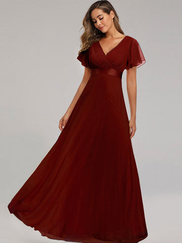 Chiffon-Ballkleider V-Ausschnitt Kurze Ärmel Halbformelles Maxikleid 