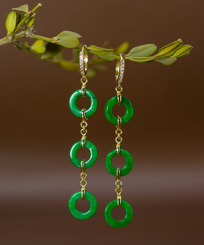 Vintage Grüne Sterling Silber Overgilt Jade Kreis Tropfen Ohrringe 