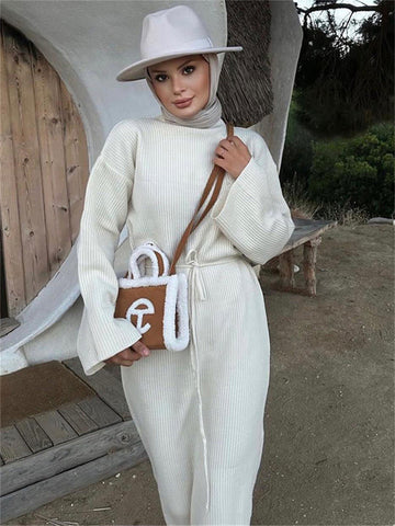 Tossy Knitwear Lace-Up Casual Dress Sweater For Women Ribbed Fashion Bandage Elegant Knit Autumn Dress Ladies Bandage Dress New