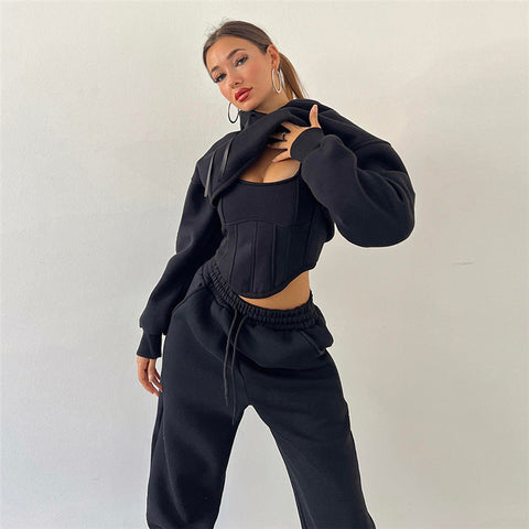Autumn Winter Women Hooded Sweater Blouse Camisole Waist Pants Set