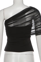 Asymmetric Shoulder Ruched Fitted Blouse