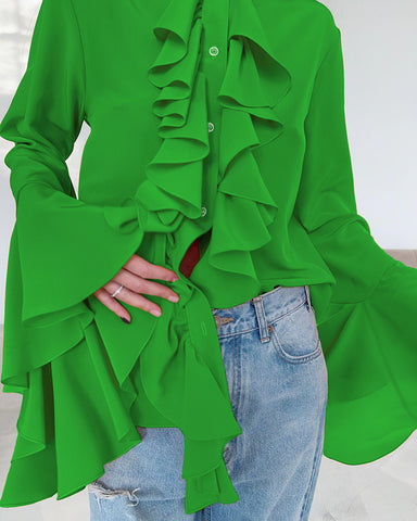 Bluse aus transparentem Chiffon mit Rundhalsausschnitt, Glockenärmeln und Wasserfall-Rüschen 
