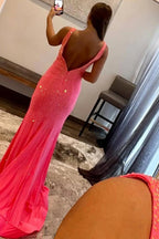 Mermaid Deep V Neck Pink Long Prom Dress with Beading