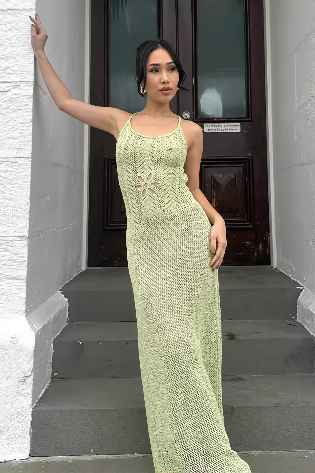 Solid Knit Backless Floral Cutout Maxi Dress