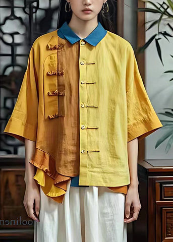 Vorverkauf - Versand in 30 Tagen/Vintage Gelb Peter Pan Kragen Rüschen Patchwork Tops Halbarm 