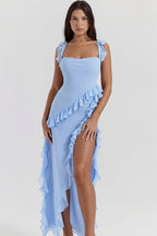 Ribbon Ruffle Splice Slit Maxi Dress
