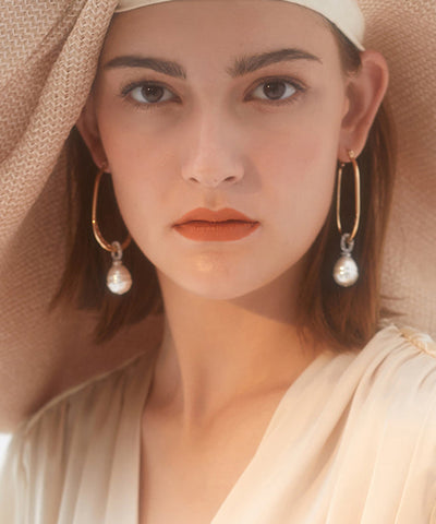 Pendientes de aro con perla y circonitas de aleación de plata esterlina y oro de moda 
