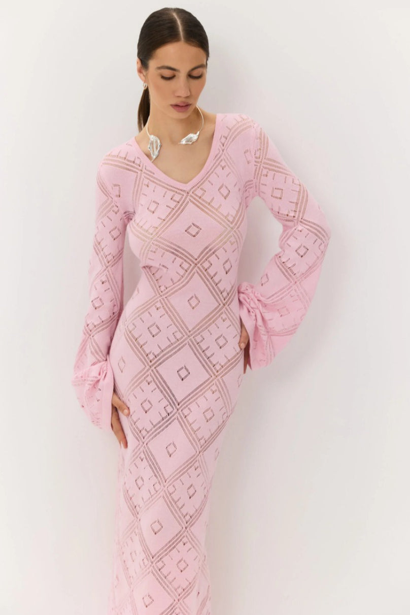 Knit Argyle Jacquard Long Sleeve Maxi Dress