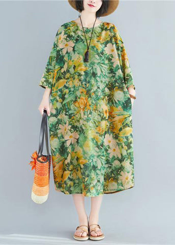 Plus Size Grünes Leinen-Robenkleid mit O-Ausschnitt und Armbandärmeln 